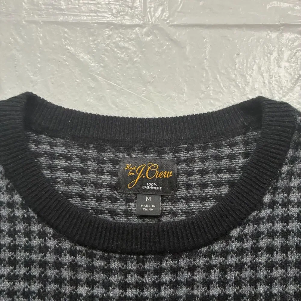 J. Crew Size Medium Gray Black Houndstooth Cashmere Sweater Luxe Preppy Career